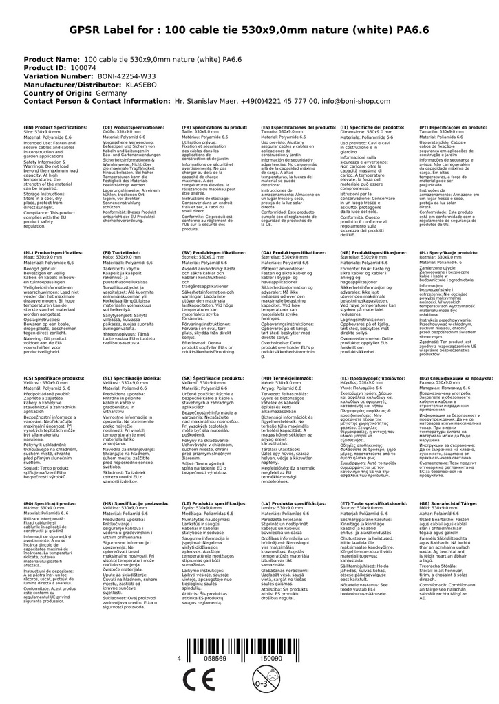 100 Kabelbånd 530x9, 0mm Natur (hvit) PA6.6-1