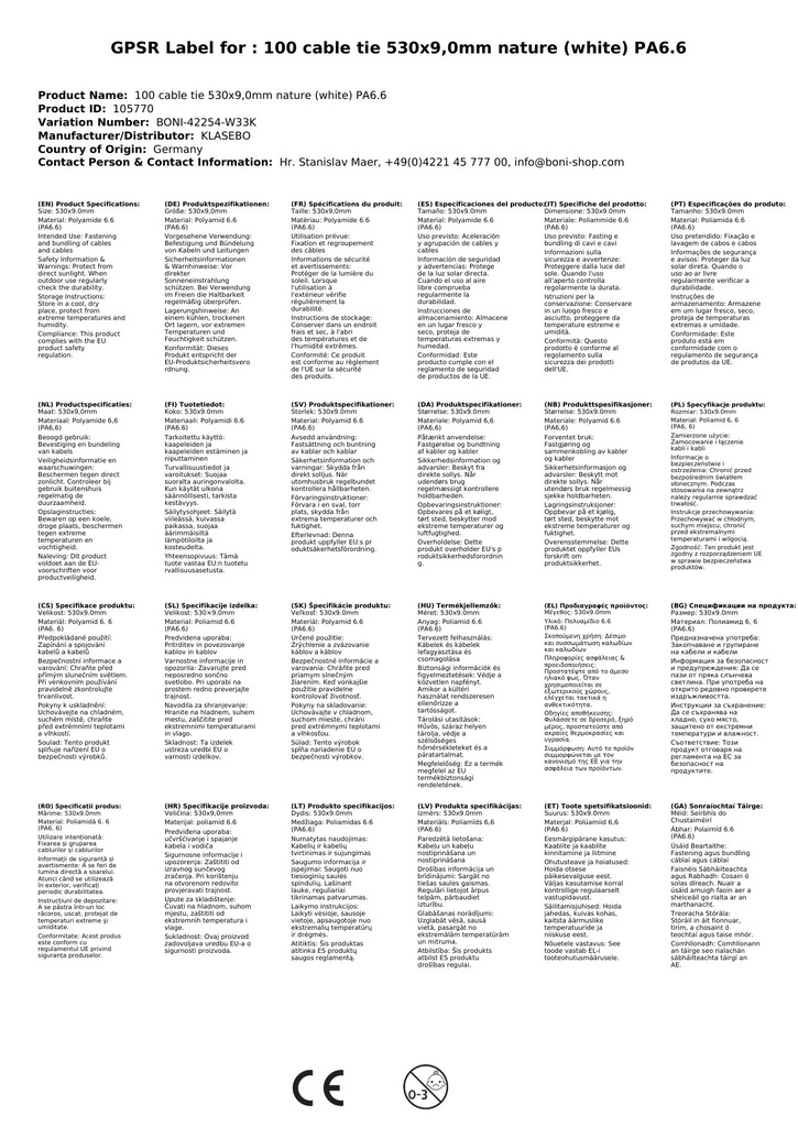 100 Kabelbånd 530x9, 0mm Natur (hvit) PA6.6-1