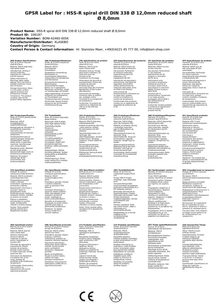 HSS-R Spiralbor DIN 338 Ø 12,0mm redusert skaft Ø 8,0mm-2