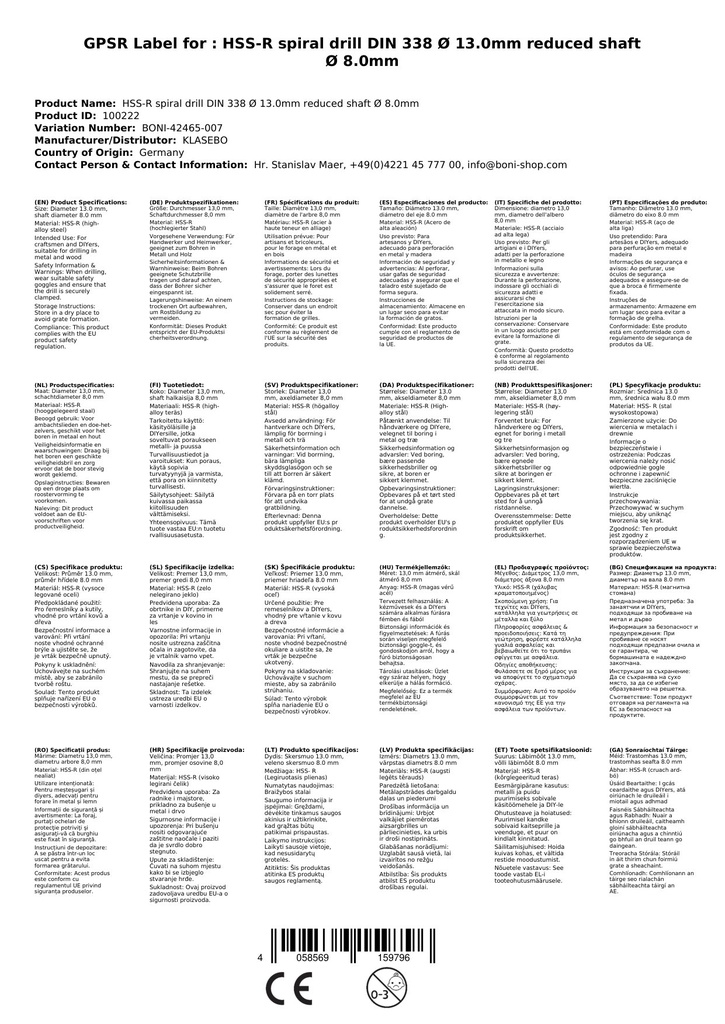 HSS-R Spiralbor DIN 338 Ø 13,0mm redusert skaft Ø 8,0mm-2