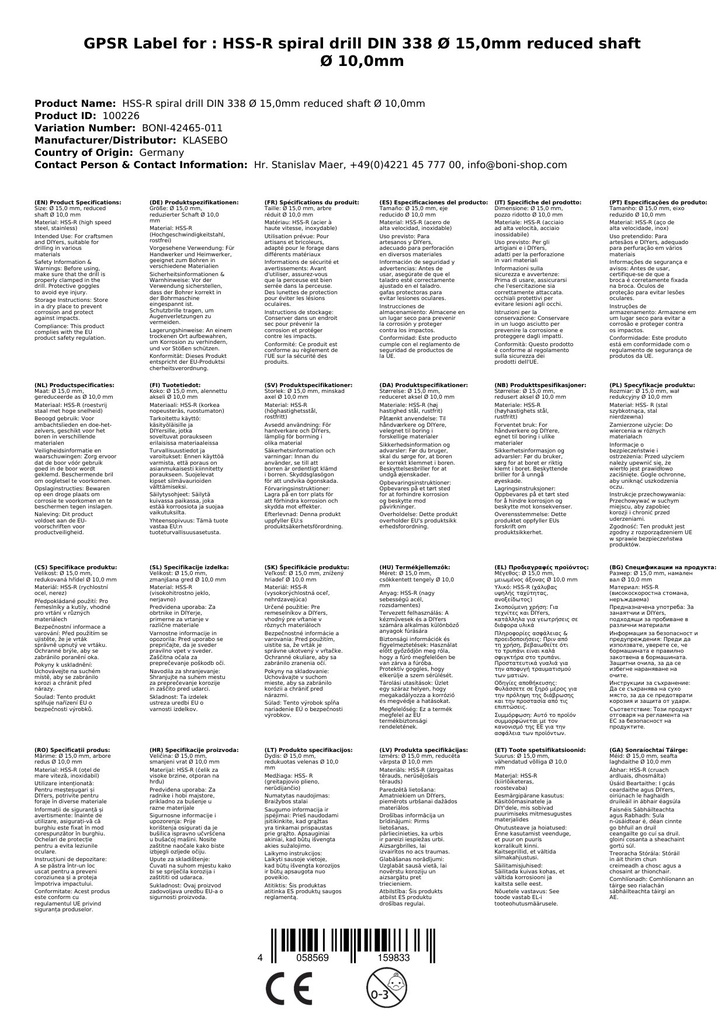 HSS-R Spiralbor DIN 338 Ø 15,0mm redusert skaft Ø 10,0mm-2