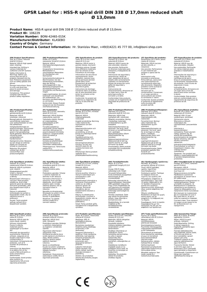 HSS-R Spiralbor DIN 338 Ø 17,0mm redusert skaft Ø 13,0mm-2