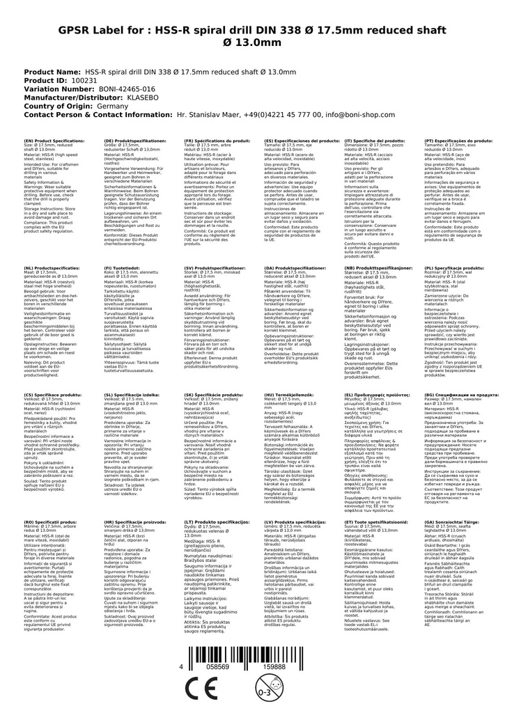 HSS-R Spiralbor DIN 338 Ø 17,5mm redusert skaft Ø 13,0mm-2