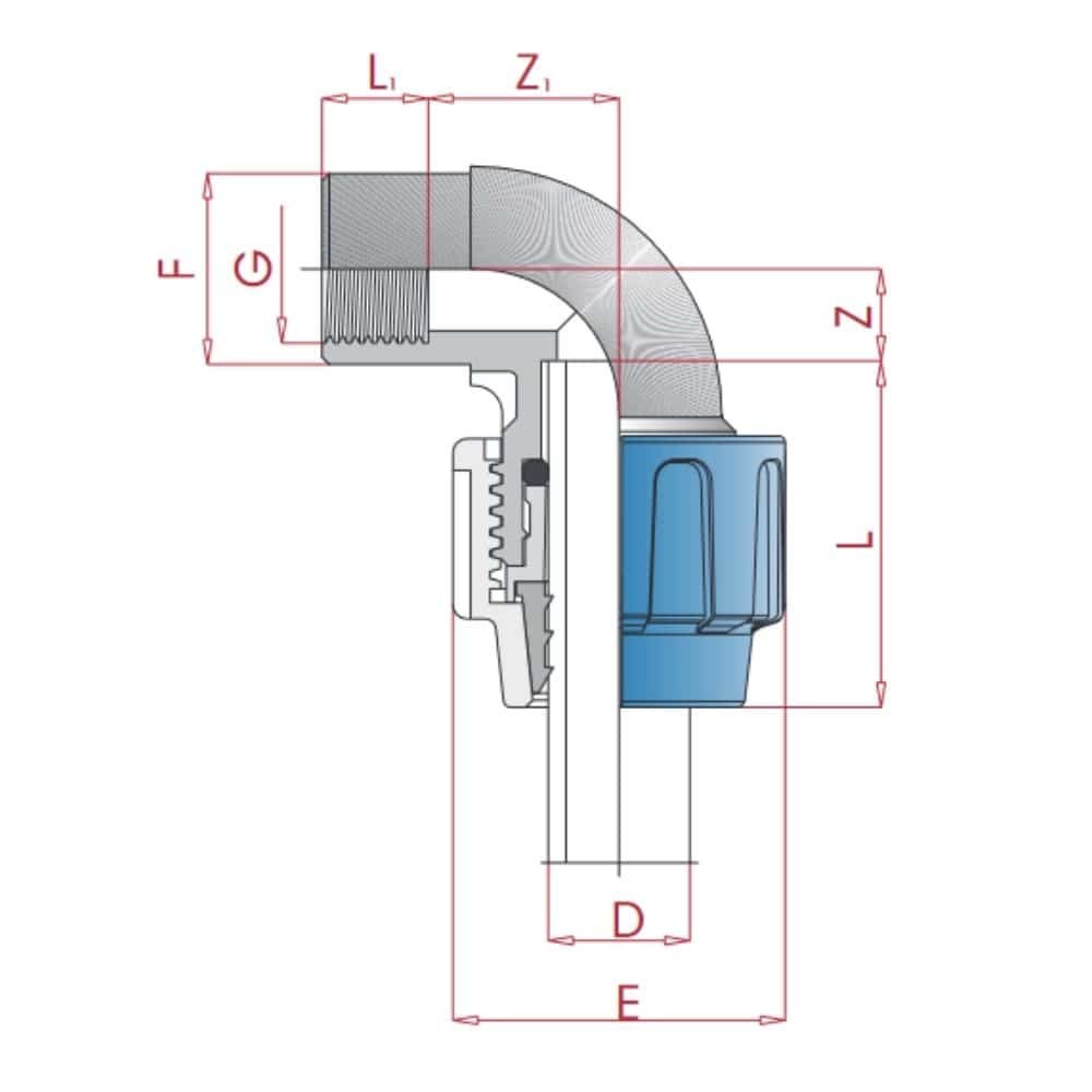 PP PE Rørkobling 90° Vinkel 20 x 1/2" IG-0