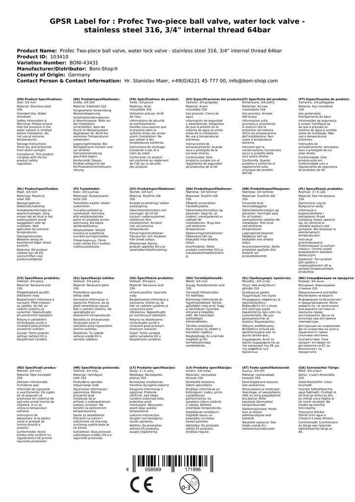 Profec To-delt kuleventil, vannstoppeventil - rustfritt stål 316, 3/4" innvendig gjenge 64 bar-0