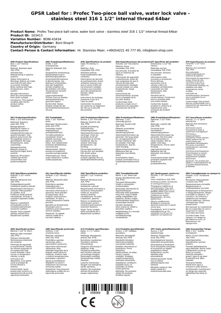 Profec to-delt kuleventil, vannstoppventil - rustfritt stål 316 1 1/2" innvendig gjenge 64bar-0