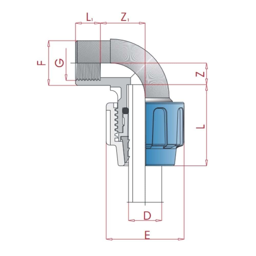 PP PE Rørkobling 90° Vinkel 40 x 1 1/4" IG-0