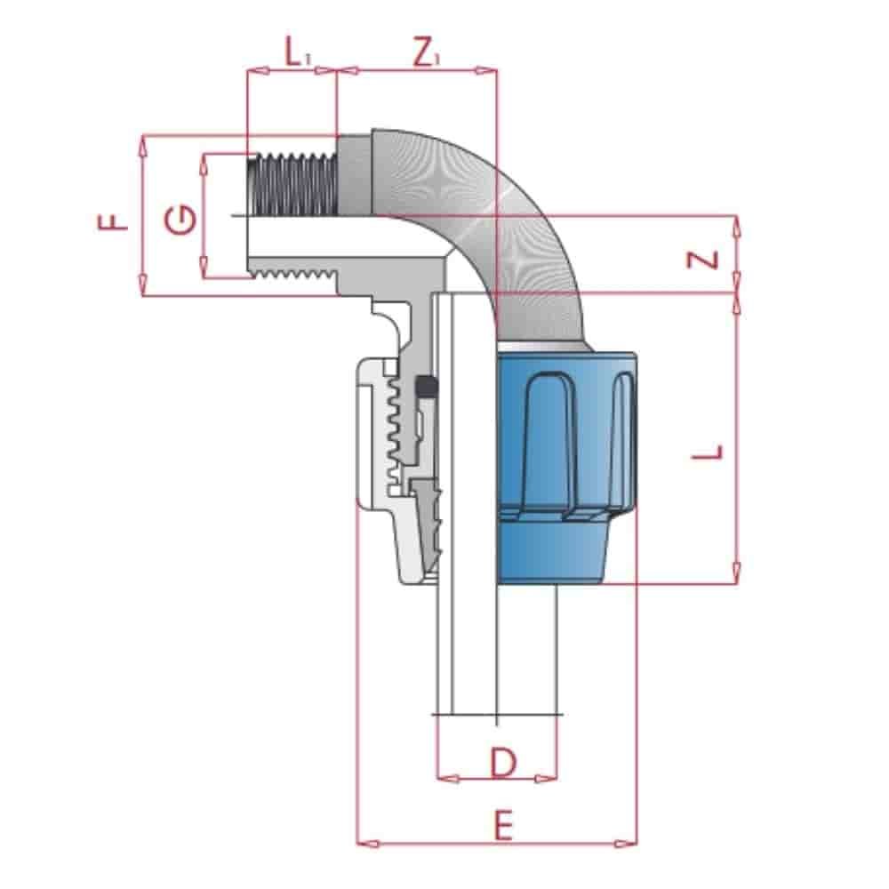 PP PE Rørkobling 90° Vinkel 20 x 1/2" AG-0