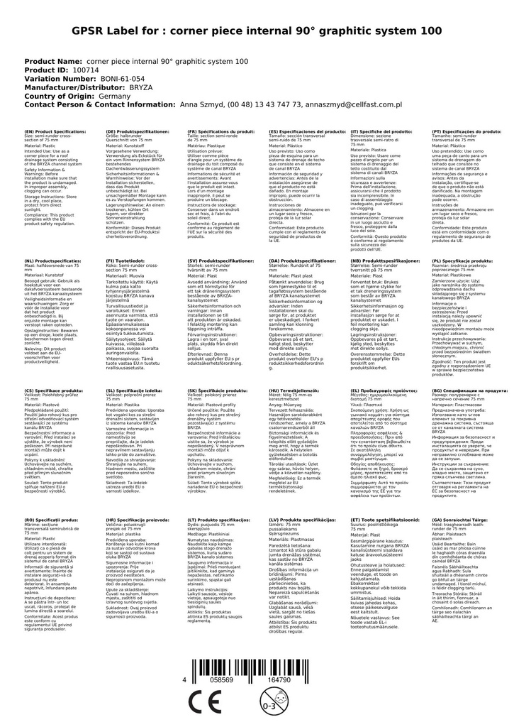 Hjørnestykke Innvendig 90° grafitt System 100-1