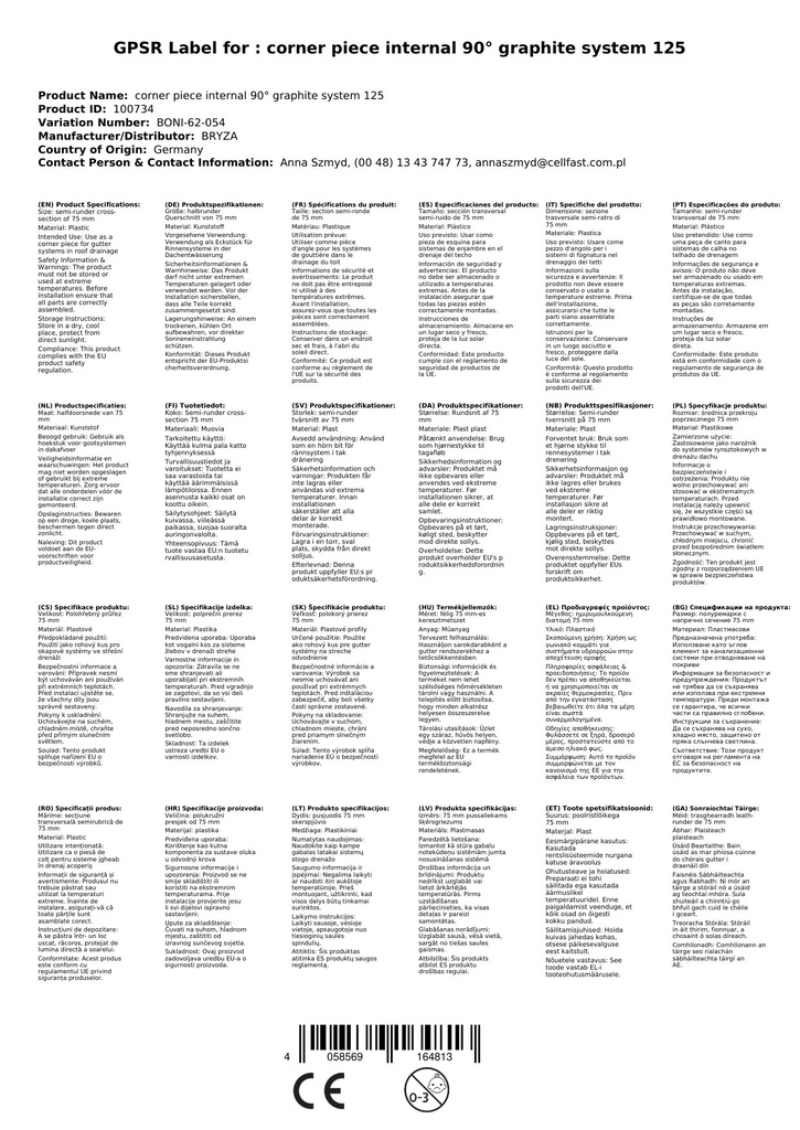 Hjørnestykke Innvendig 90° grafitt System 125-1