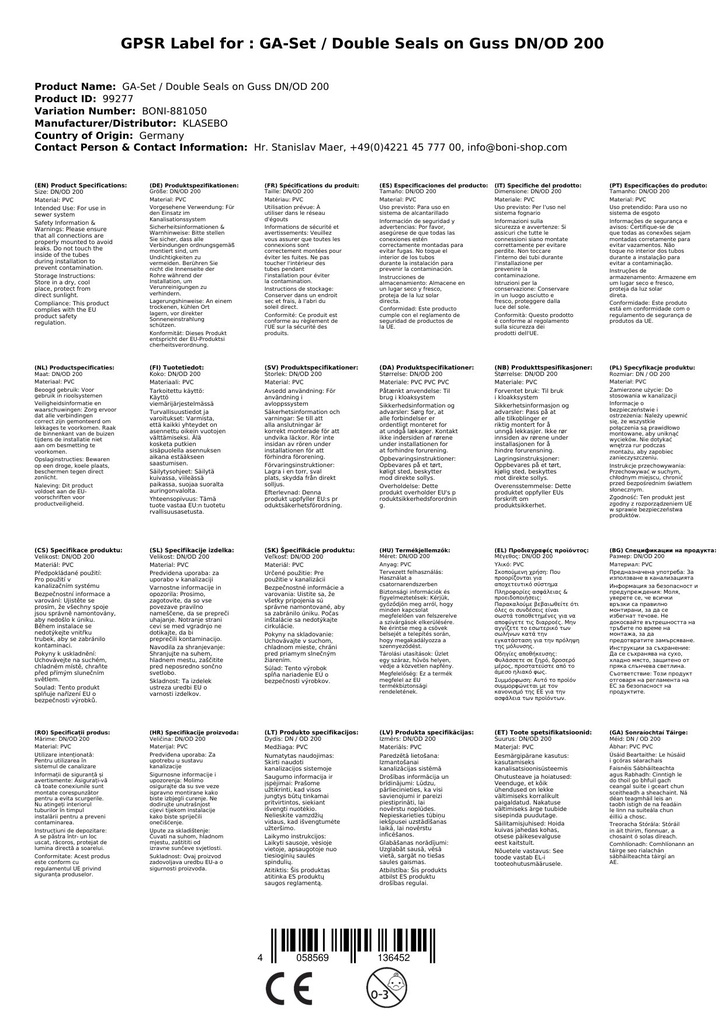 GA-Set / Dobbelpakninger på støpejern DN/OD 200-3