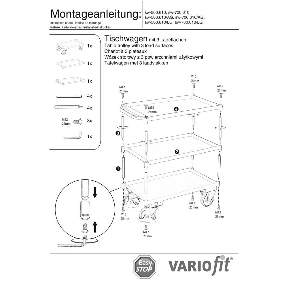 Bordvogn med 3 etasjer, kant 40 mm høy + EasySTOP-1