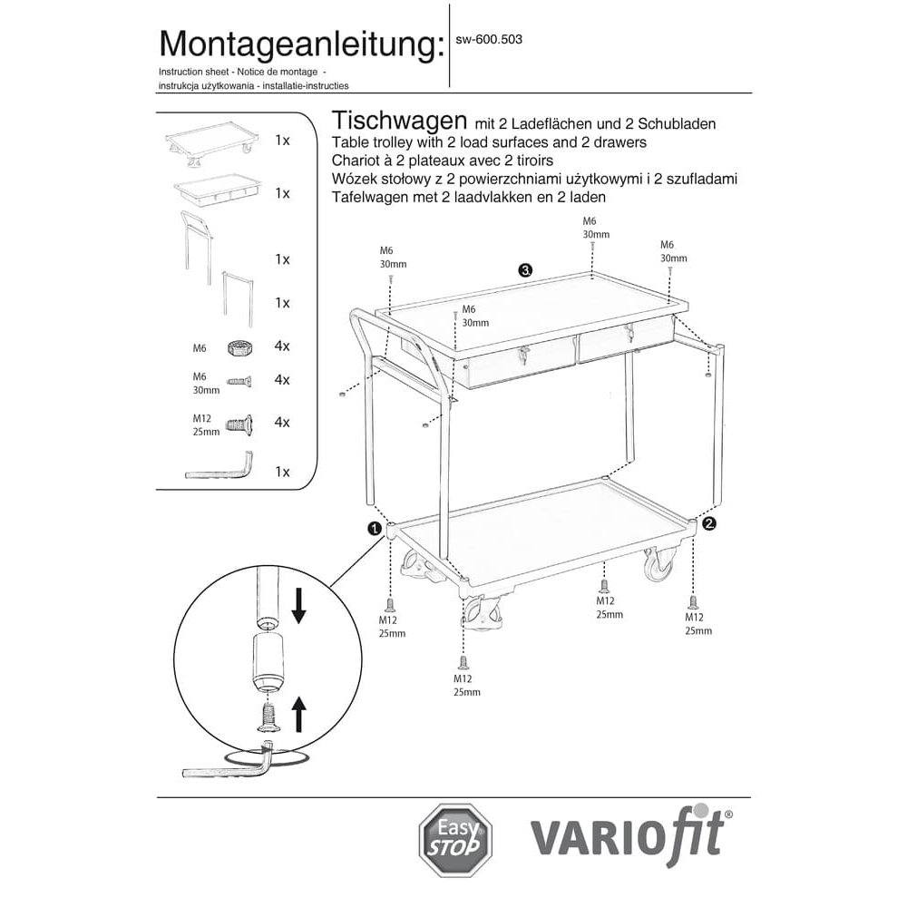 Bordvogn 250 kg med 2 låsbare skuffer høy skyvehåndtak + EasySTOP-0