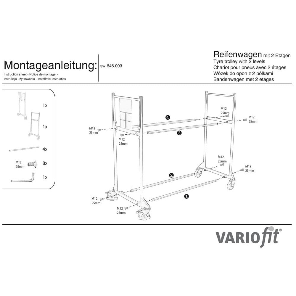 Dekkstativ 300 kg med 2 nivåer termoplastiske gummihjul 1205 x 780 x 1430 mm-1