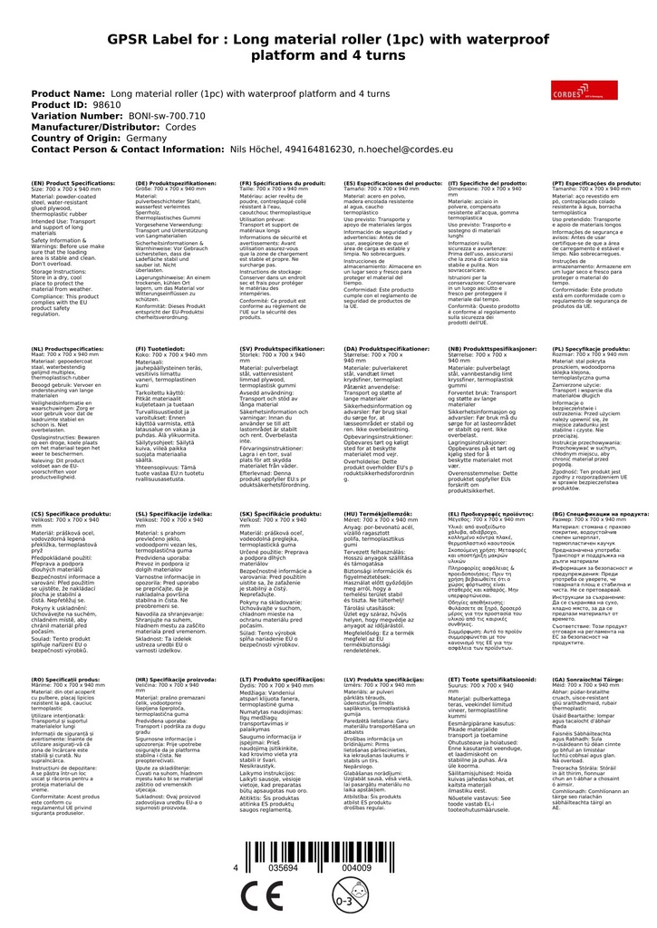 Langmaterialtralle (1Stk) med vanntett plattform og 4 stenger-1