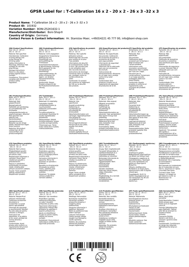 T-Kalibreringsverktøy 16 x 2 - 20 x 2 - 26 x 3 - 32 x 3-3