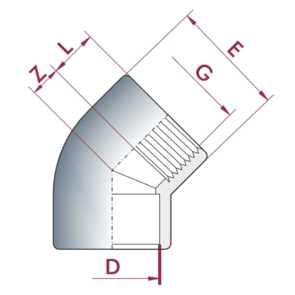 PVC-U 45°Vinkel Muffe x IG 20 mm x 1/2"PN10-0