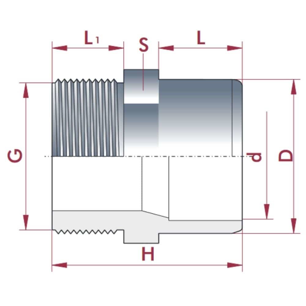 PVC-U Overgang Muffe x AG 32-25mm x 3/4" PN10-0