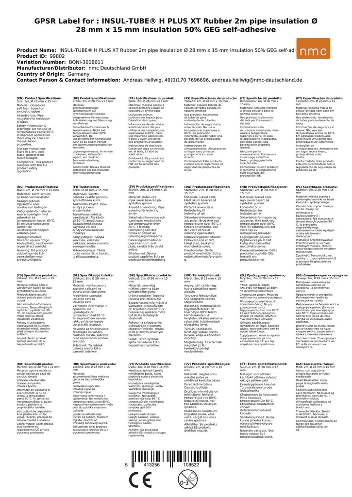 INSUL-TUBE® H PLUS XT Kautschuk 2m Rørisolasjon Ø 28 mm x 15 mm Isolasjon 50% GEG selvklebende-0