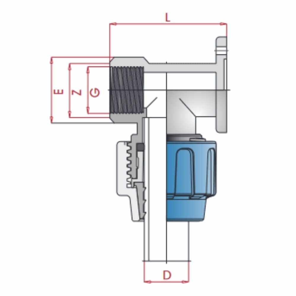 PP PE rørkobling 90° veggfeste 25 x 3/4" IG-0