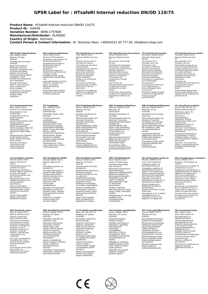 HTsafeRI Innvendig reduksjon DN/OD 110/75-2