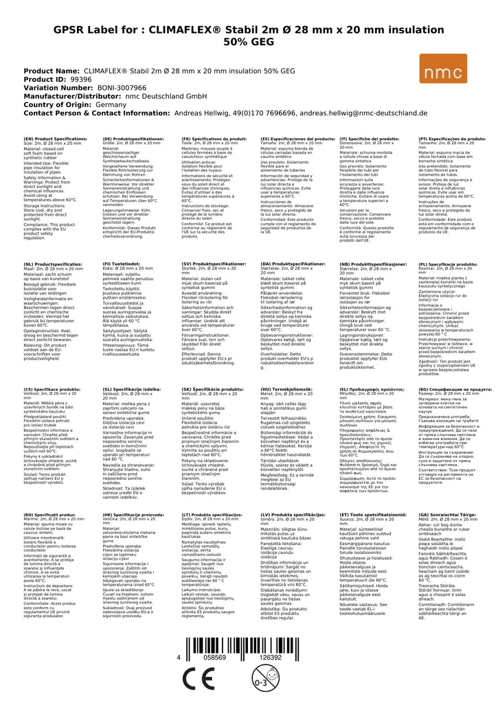 CLIMAFLEX® Stabil 2m Ø 28 mm x 20 mm Isolasjon 50% GEG-1