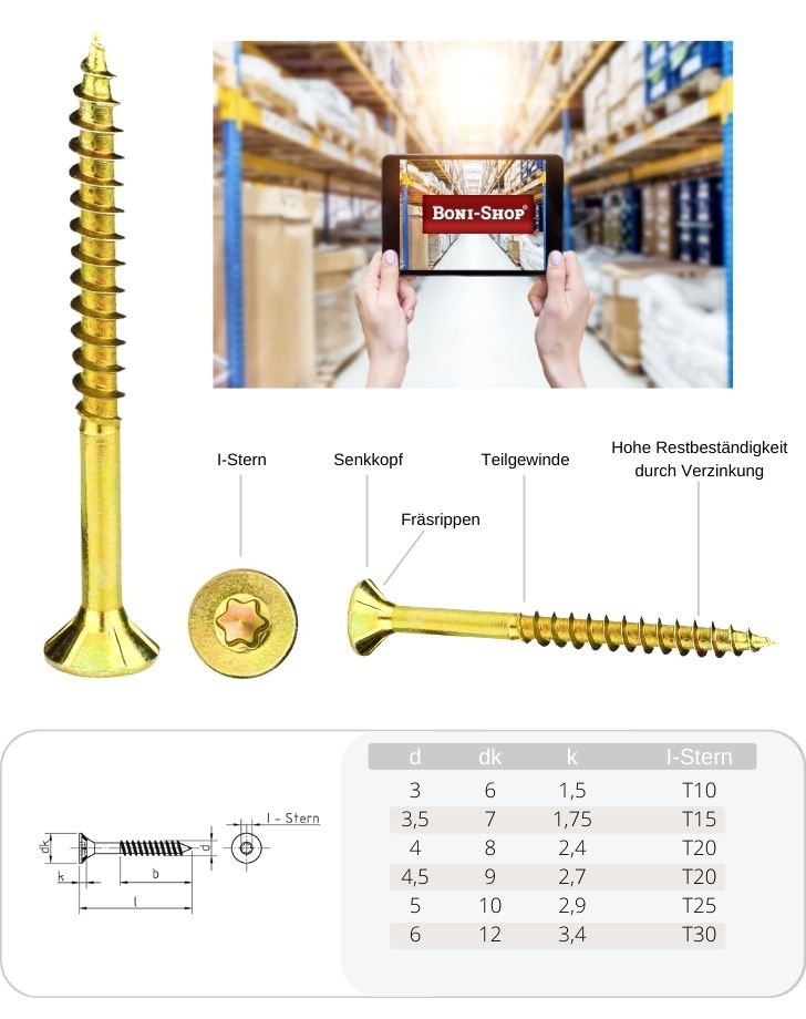 Sponplateskruer 3,0 x 45 mm 1000 stk med I-stjerne, senkhode, delgjenger og fresekanter under hodet-2